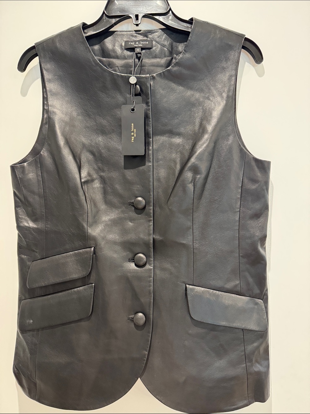 rag & bone Black Leather Button-Front Vest Size 6 New